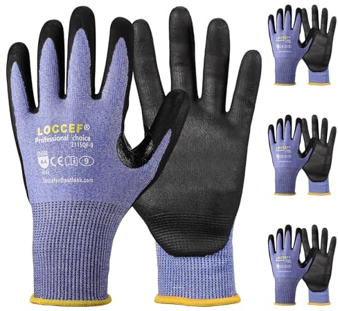 LOCCEF Level 5/A4 Cut Resistant Work Gloves, Touchscreen (3Pairs, 9/L)