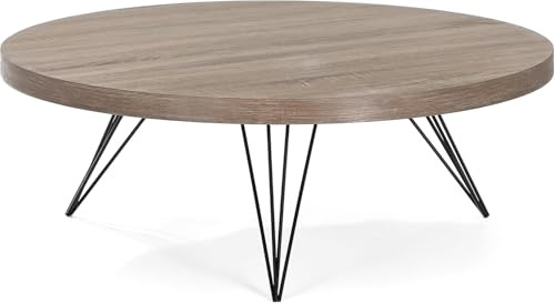 Wohnando Couchtisch Rund 90 cm - Holz Eichenoptik & Metallbeine | Runder Wohnzimmertisch 90x90x32 cm, Industrial Design, schwarze Hairpin-Beine, pflegeleichte Oberfläche