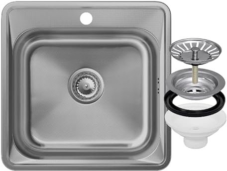 Stahl Spülbecken mit Siphon 48x48 cm - Edelstahlspüle mit Hahnloch für Spülbecken Durchmesser 92mm - Einbauspüle aus Stahl - Waschbecken für Küche - Mikro Decor - Granitan