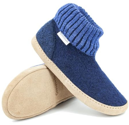 Hüttenschuh Dakota aus Mulesing-freier Schaf-Schurwolle – Handgefertigte Hausschuhe aus Wollfilz für Damen & Herren Größe EU 36-47 – Mit hohem Strickbund & gepolsterter Ledersohle Dunkelblau, 43