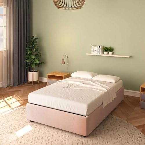Baldiflex Letto Piazza e Mezza con Contenitore Modello Cloe in Tessuto, Senza testiera, Rete a Doghe, per Materassi 120x190 cm, Colore Rosa Antico
