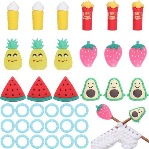 SUNNYCLUE 78 Teiliges Strickwerkzeug Set Stricknadelstopper Lebensmittel Obst Nadelschutz Strickstichmarkierungsringe Niedliche Silikon Stricknadelspitzenschutz Maschenstopper Für Häkeln Und Stricken