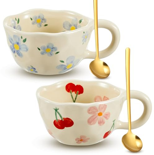 Vesici 2 Pcs Ceramic Coffee Mugs Flower Cups with Spoon Vintage Floral Mugs with Handle 8.5 oz Aesthetic Tea Porcelain Cup Gift for Valentine Office Home, Dishwasher and Microwave Safe(Lovely)