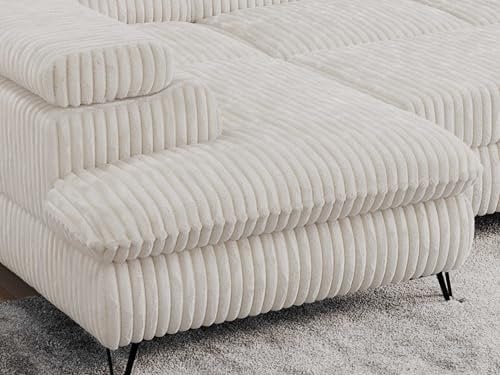MKS MEBLE Cord Sofa U, Wohnlandschaft U-Form, Ecksofa mit Schlaffunktion und Bettkasten, Schlafsofa mit Bettkasten, Couch mit Verstellbare Kopfstützen - Pedro U - Creme Cord