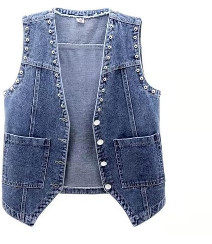 SMBHIAON Jeansjacke Weste Für Damen – Nieten-Design, V-Ausschnitt, Doppeltaschen, Ärmellose Weste, Klassische Einreihige Kurze Weste, Streetwear-Oberteile, Blau, L