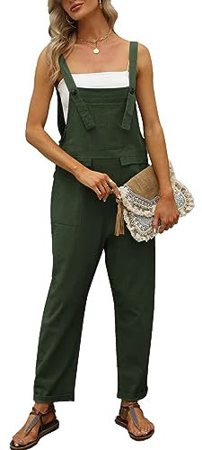 Vanchenl Women's Casual Loose Cotton Linen Overalls Summer Baggy Adjustable Jumpsuits Rompers Harem Pants Army Green L