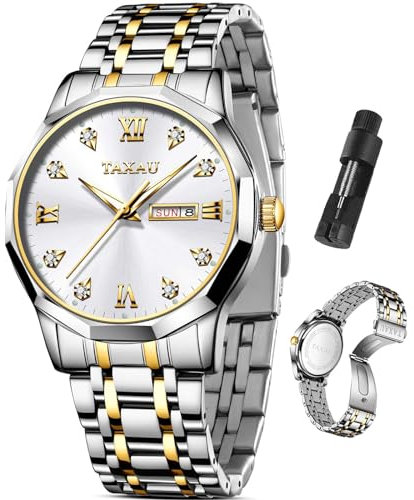 Taxau Uhren Herren Klassische Edelstahluhren für Herrenkleid Diamant römische Uhren für Männer wasserdichte Analog Quarz Kalender Herrenuhren Reloj para Hombre