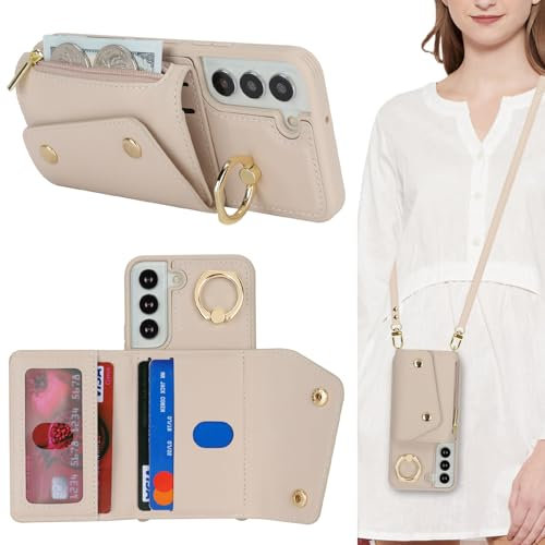 Lipvina Hülle für Samsung Galaxy S22 Hülle mit Band Kartenhalter handyhülle Hülle für Samsung Galaxy S22 mit Reißverschluss Band Ring Ständer Case für Frauen - weiß
