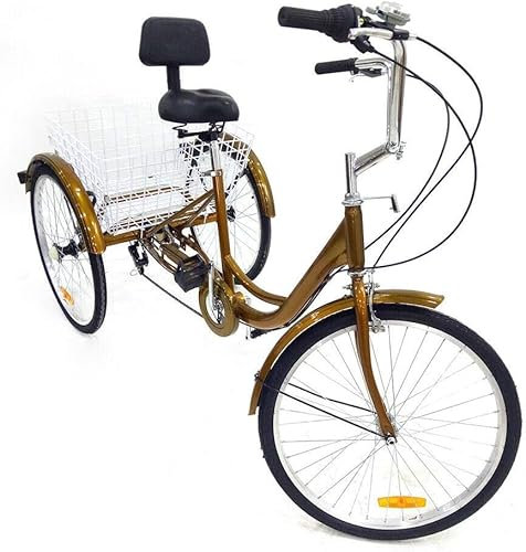 24 Zoll Dreirad für Erwachsene 6 Gänge 3-Rad Fahrrad mit Rückenlehne und Einkaufskorb Gold