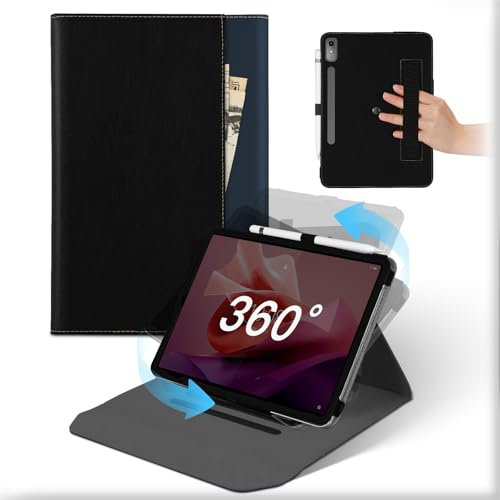 Coque pour Lenovo Tab P12 2023 12.7 Pouces Tablette, Housse Cuir Support Rotative 360°et Amovible avec Porte-Crayon & Poche, Flip TabletteEtui Veille/Réveil Automatique Tab P12 2023 Noir Bleu