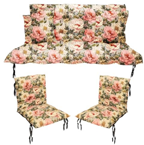Filippo Sitzauflagen Gartenmöbel Set: Hollywoodschaukel Kissen 120 x 55 x 55 cm und 2 x Gartenstuhl Sitzkissen 50 x 50 cm - Schimmelbeständig, Handgefertigt und Wasserdicht mit Befestigungsschnüre