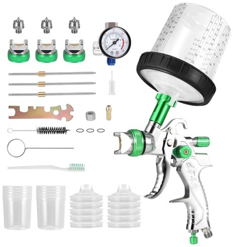 Spray Gun Paint Sprayer, HVLP Gravity Feed Air Spray Gun with 1.4mm 1.7mm 2.0mm Nozzles, Paint Sprayer Kit Include 10pcs 600ML Disposable Cups for Vehicle Car Fence Painting