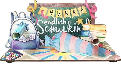 Einschulung Mädchen Geschenk - Hurra - Schuldkind 3D-Holzkarte | Geldgeschenke, Karte Einschulung Mädchen, Einschulungsgeschenke Mädchen, Schulkind 2024 Mädchen, Deko Einschulung Mädchen