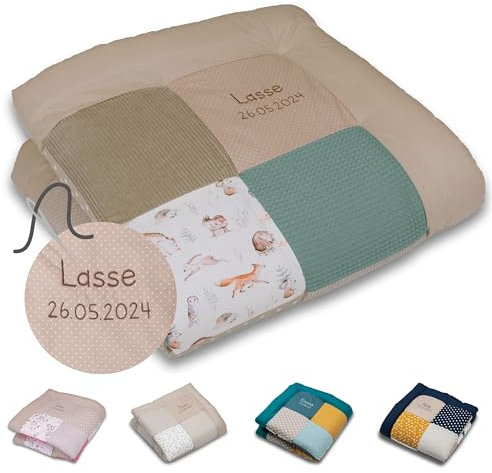 ULLENBOOM Krabbeldecke für Baby mit Personalisierung, 100% OEKO-TEX Materialien, Waldfreunde 100x100 cm - Babydecke mit Namen und Datum, ideal als Spieldecke und personalisiertes Geschenk zur Geburt