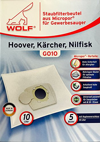 5 Staubsaugerbeutel Wolf G010 10 Liter Gerbesauger oder Industriesauger kompatibel zu Swirl UNI10 von Staubbeutel-Profi®