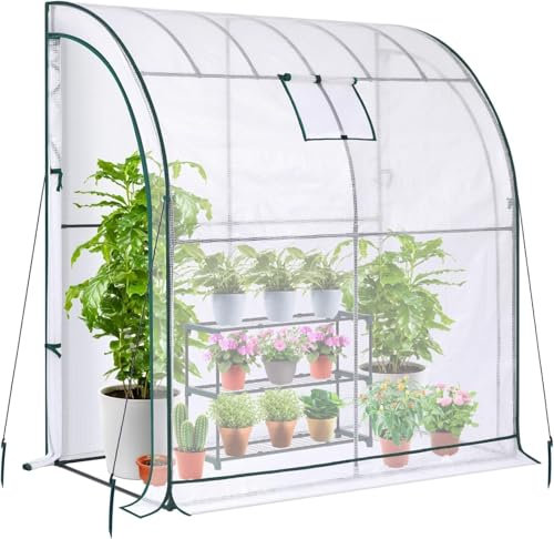 Heavy Duty Walk-In Lean-To Greenhouse with 2 Roll-Up Zippered Doors, Mesh Window & PE Cover – Outdoor Garden Tunnel Growhouse for Plants, L200 x W100 x H215cm (White)