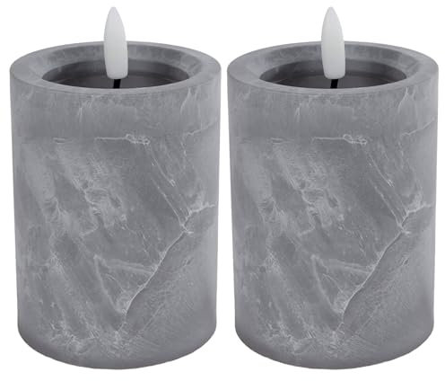 Novaliv 2er Set Stumpenkerzen LED Beton Optik klein - LED Kerze mit beweglicher Flamme flackernd mit Echtwachspiegel Warmweißes Licht 7,5cm ø 10cm Höhe - 2 AA Batterien nötig