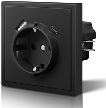 BSEED Steckdose mit USB C, Matt Wandsteckdose Unterputz mit Krallen, Schuko Steckdose mit Kindersicherung, Nur Horizontale Montage, C-Serie,1 Fach,80mm Schwarz