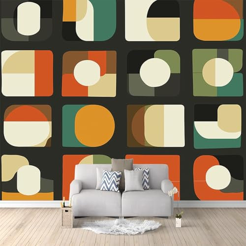 Tapete Fototapete 3D Effekt Retro-Muster Quadrate Kreise Wandbild Wanddeko für Wohnzimmer Schlafzimmer, Vlies Tapeten mit Geruchsfreiheit Wandposter Wandkunst, 400 x 280 cm