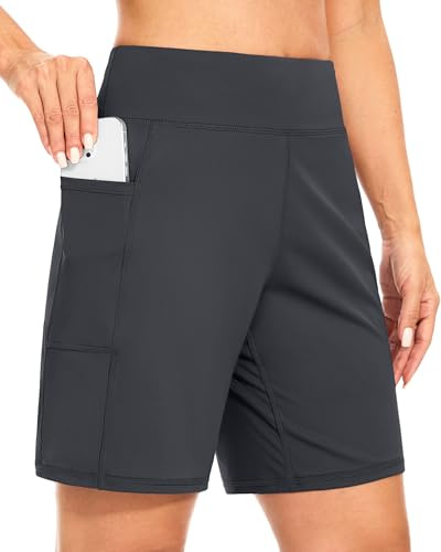 Blouty Women's 7 Bermuda Shorts with Pockets High Waisted Stretch Athletic Long Shorts for Women Workout Casual, Dark Grey, L