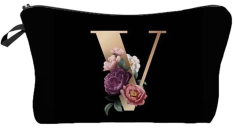 A-Z Personalisierte Initiale Make-up-Tasche,Personalisierte Make-up-Tasche Geschenke für Frauen A-Z Make-up-Tasche Geschenke,Braut-Kosmetiktasche,Schwarz,tragbare Kosmetiktasche (V)