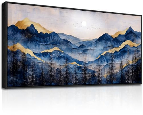 hyidecorart Blaue Goldene Berge Leinwand Bild mit Rahmen Schwarz, 73x146 cm XXL Wandbilder Wohnzimmer Modern Bilder, Landschaft Wanddeko Aesthetic Schlafzimmer Badezimmer Kunst Büro Zimmer Esszimmer