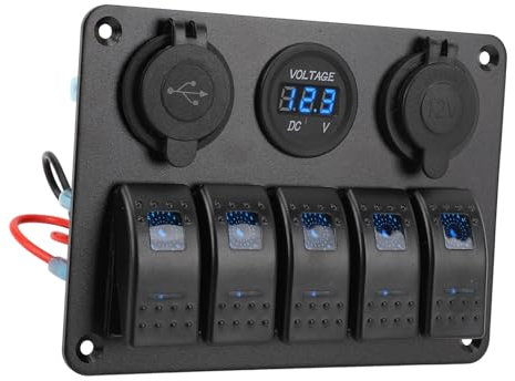 Pannello Interruttori a Bilanciere Marino a 5 Gruppi Pannello Interruttori Impermeabile in Lega di Alluminio 12V a 24V con Porte USB Voltmetro per Barche, e Veicoli (BLUE)