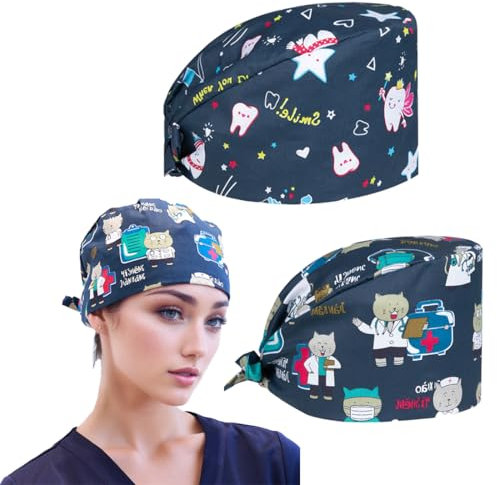 2 Stück OP hauben Damen, OP haube, OP haube stoff, OP Haube Verstellbar, Arbeitskappe Baumwolldruck Kranken schwesternkappe Unisex Staubhauben Kappe