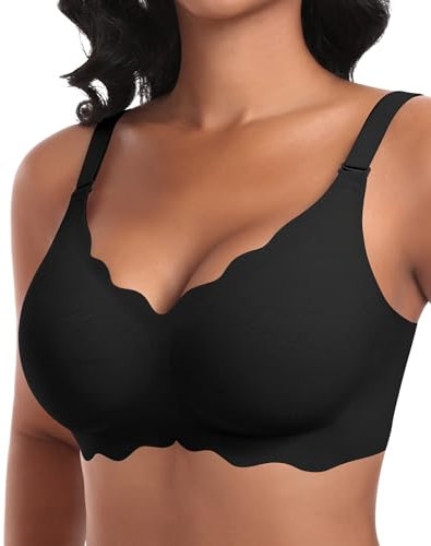 Damen Nahtloser BH Ohne Bügel Tiefem V-Ausschnitt gewellte Ränder Push Up BH Bralette Soft Bequem BHs Bügellos Bustier (Schwarz-Doppel Vorderwelle, M)