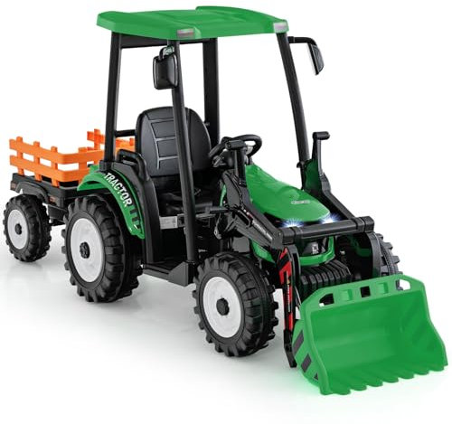 COSTWAY Kinder Traktor mit Anhänger & Schaufel, Elektrischer Aufsitztraktor inkl. Fernbedienung & Bedienhebel, Kindertraktor mit Licht Musik Hupe USB, Elektro Traktor für Kinder ab 3 Jahren (Grün)