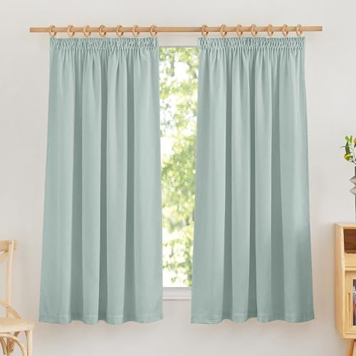 PONY DANCE Wohnzimmer Gardinen Modern Kurz Leinenvorhang mit Kräuselband 2er Set H 145 x B 140 cm Salbeigrün, Halbtransparente Leinenoptik Vorhänge für Küche/Badezimmer Fenster