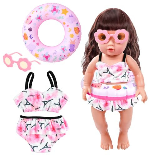 Schwimm-Set für Puppen, 3pcs Puppenzubehör Badeanzug, Puppen Schwimmring, Puppen Badeanzug, Sonnenbrille, Passend für Puppen Von 35 - 45 cm, für den Badespaß an Heißen Sommertagen(Rosa)