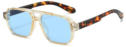 JCTAIFOO Mode Quadratisch Sonnenbrille, Vintage Retro Rechteck Sonnenbrille für Damen Herren, Trendige UV400 Brille (Champagner/Blau)