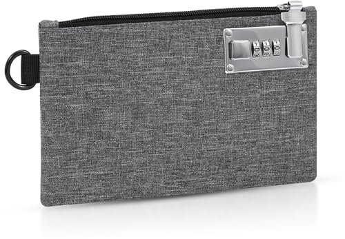 ORIA Money Bag with Combination Lock, Durable Nylon Locking Bank Bag Coin Purse with Zipper Lockable, Waterproof Portable Locking Accessories Pouch for Cash, Jewelry, Passports, Credit Cards (Grey)