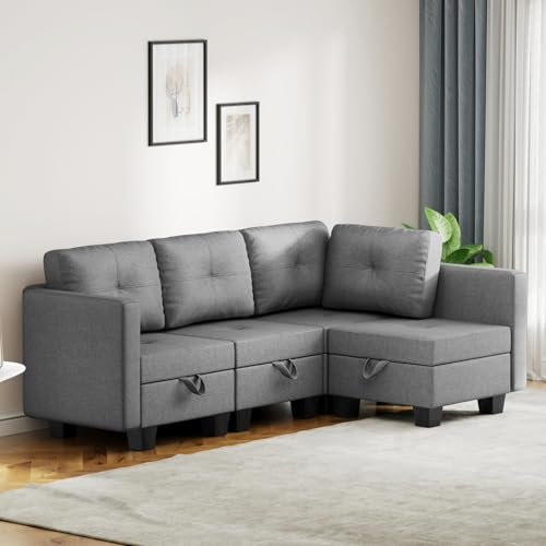Luxstein Ecksofa mit Stauraum, Modulares Sofa 4-Sitzer mit Rückenlehne Armlehne und weichem Polster, Groß Stoffbezug Couch ausziehbar komfortabel für Wohnzimmer, 209 * 139 * 86cm, Grau