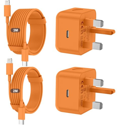 iPhone Charger Fast Charge 20W PD Fast for Apple Charger UK USB C Plug With 2M&3M iPhone Fast Charger Cable [ MFi Certified] Lightning Cable for iPhone 14 13 12 11 Pro Max, iPad (Orange, 2Packs)