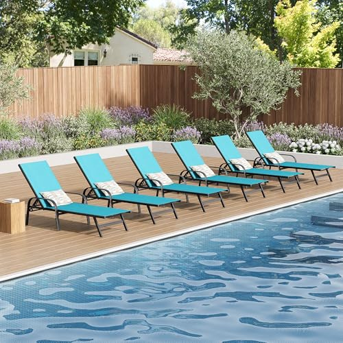 GarveeHome Sonnenliege, Verstellbare Gartenliege Aus Textilene, Poolliege Mit 5-Fach Verstellbarer Rückenlehne, Wetterfest, Für Garten, Terrasse, Balkon, Türkis, 6er-Set