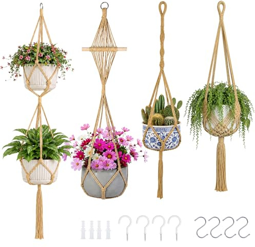 ZKAILCF Lot de 4 Suspensions Macramé Kaki pour Plantes, Porte Pots Suspendus Bohème Chic en Corde de Coton avec Crochets & Chevilles, 4 Longueurs 81-122cm, Suspension Plante Intérieur Extérieur
