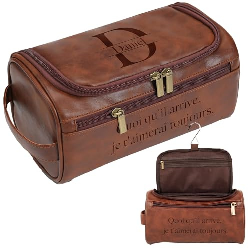 Trousse de Toilette Homme Personnalisée, Trousse de Voyage Gravée avec Nom | Sac Organisateuer de Toilette Trousse avec Crochet en Cuir PU pour Voyage Business Idée Cadeau Homme Original Papa Papy Peres