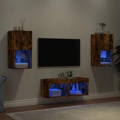Meubles TV muraux 4 pièces en Bois d'ingénierie chêne fumé avec lumières LED RVB, Rangement spacieux, Design Mural pour Salon et Chambre, Meuble TV Flottant Moderne