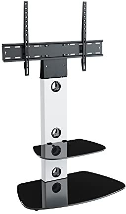 MAHARA Universal Column TV Stand - for 32 to 65 inch TVs-Freestanding white tall floor stand with curved black glass shelves and cable management-Height adjustable & fits in corners-Max Weight 40kg