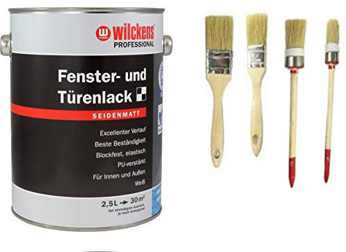 Wilckens Professional Fenster- & Türenlack 2,5 L. Weiß seidenmatt inkl. 4er Set Pinsel von E-Com24 (2,5 Liter seidenmatt)