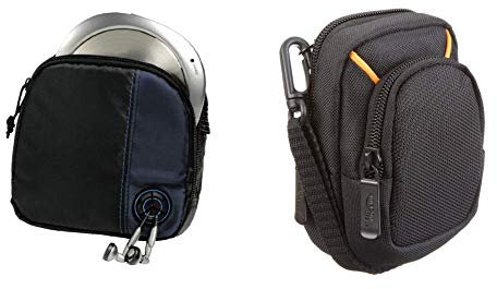 Hama CD-Player-Tasche für Discman und 3 CDs (Mit Kabelausgang und Gürtelschlaufe) schwarz/blau & Amazon Basics Kameratasche für Kompaktkameras, mittlere Größe