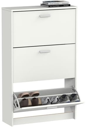 MUEBLES PITARCH, Zapatero de 3 Puertas abatibles Tibet, optimo para recibidor, Pasillo o habitación, 18 Pares de Zapatos, Color Blanco, 119,5x74x25 cm (Alto x Ancho x Profundo)
