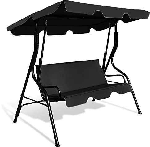 DREAMADE Hollywoodschaukel, 3-Sitzer Gartenschaukel mit Sonnendach, Schaukel aus Stahl (Schwarz)
