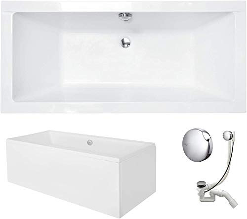 VBChome Badewanne 175 x 80 cm Acryl SET Schürze Siphon Acrylwanne Wanne Rechteck Weiß Design Modern Wannenfüßen Ablaufgarnitur
