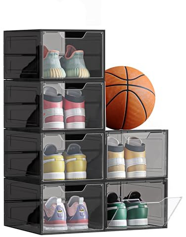 SONGMICS Schuhboxen, Schuh-Organizer aus Kunststoff, mit Tür, durchsichtig, 6er Set, stapelbar, einfache Montage, 34 x 25 x 18,4 cm, für Schuhe bis Größe 44, transparentes Schwarz LSP406B01