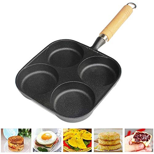 JLCP Gusseisen Multipurpose Ei Frying Pan, Antihaft-Burger Pfannkuchen Omelettpfanne Mit 4 Löchern Für Gasherd & Induktionsherd (Holzgriff)