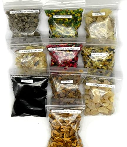 CRIGEMA - Set mit 100 g Räucherstäbchen aus reinen Körnern, Mischung aus natürlichen Harzen 10 x 10 g - Stick mit 10 Kohlen in Geschenk.