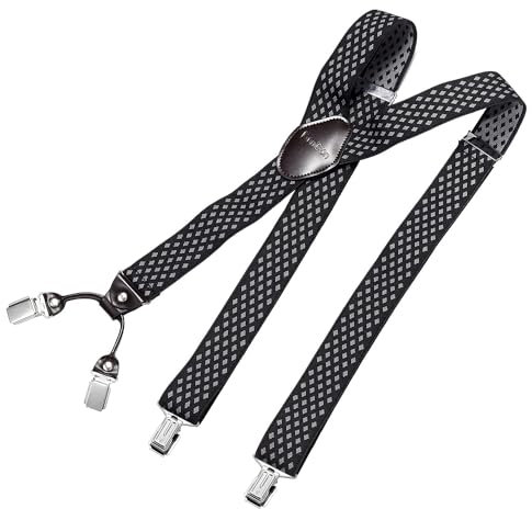 DonDon Hosenträger Herren extra stark Rauten schwarz grau 3,5 cm Hosenträger Herren breit mit brauem Leder in Y-Form lang - Starke Clips passend für Anzug Jeans Chinos Vintage Rockabilly Suspenders